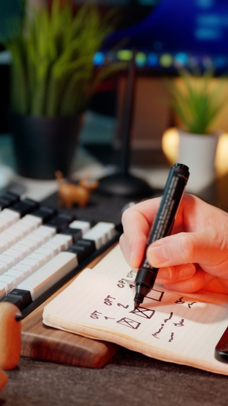 A hand ticking checkboxes next to numbered options in a notebook