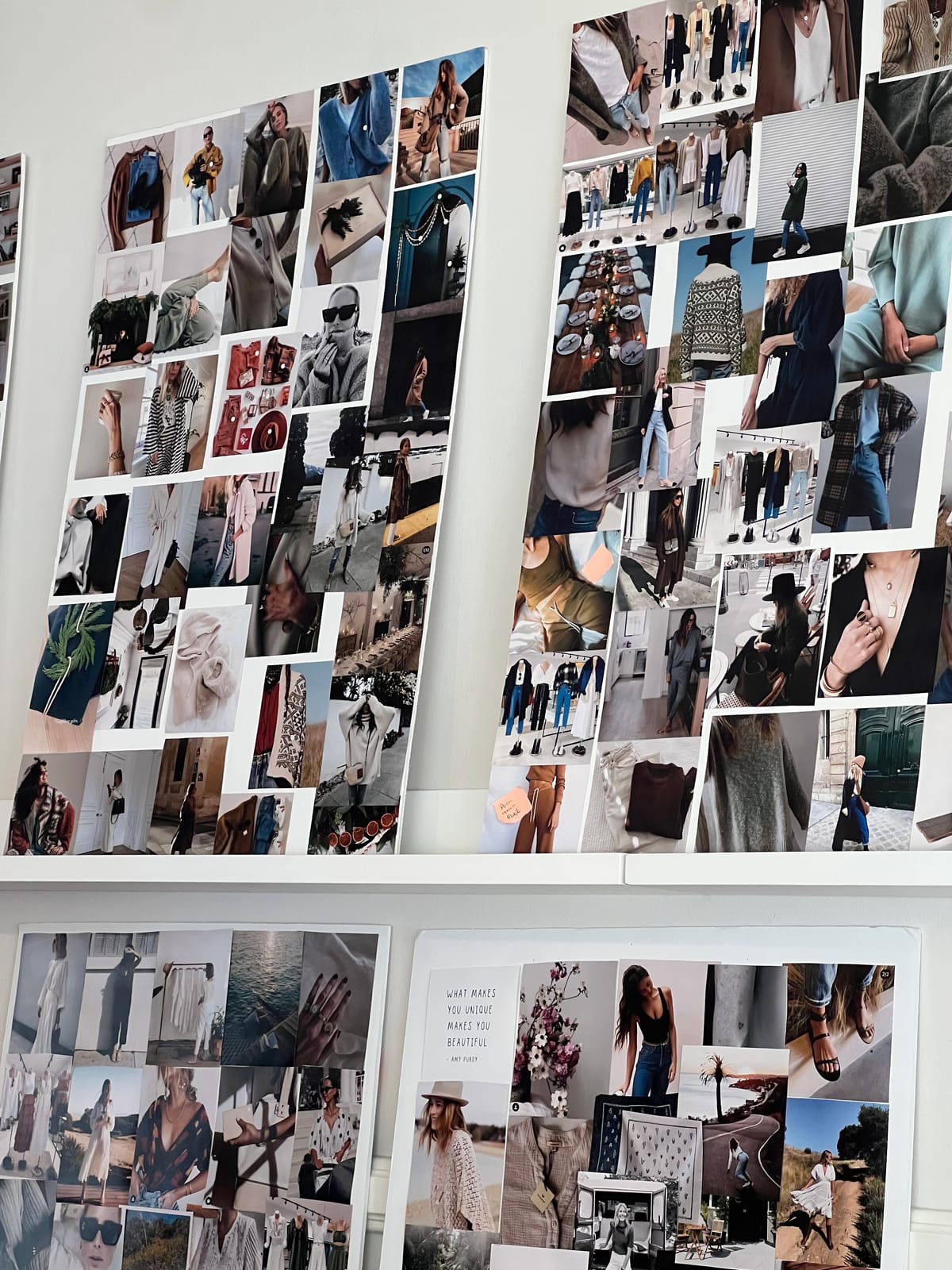A fashion mood board example — a wall of outfit and style references