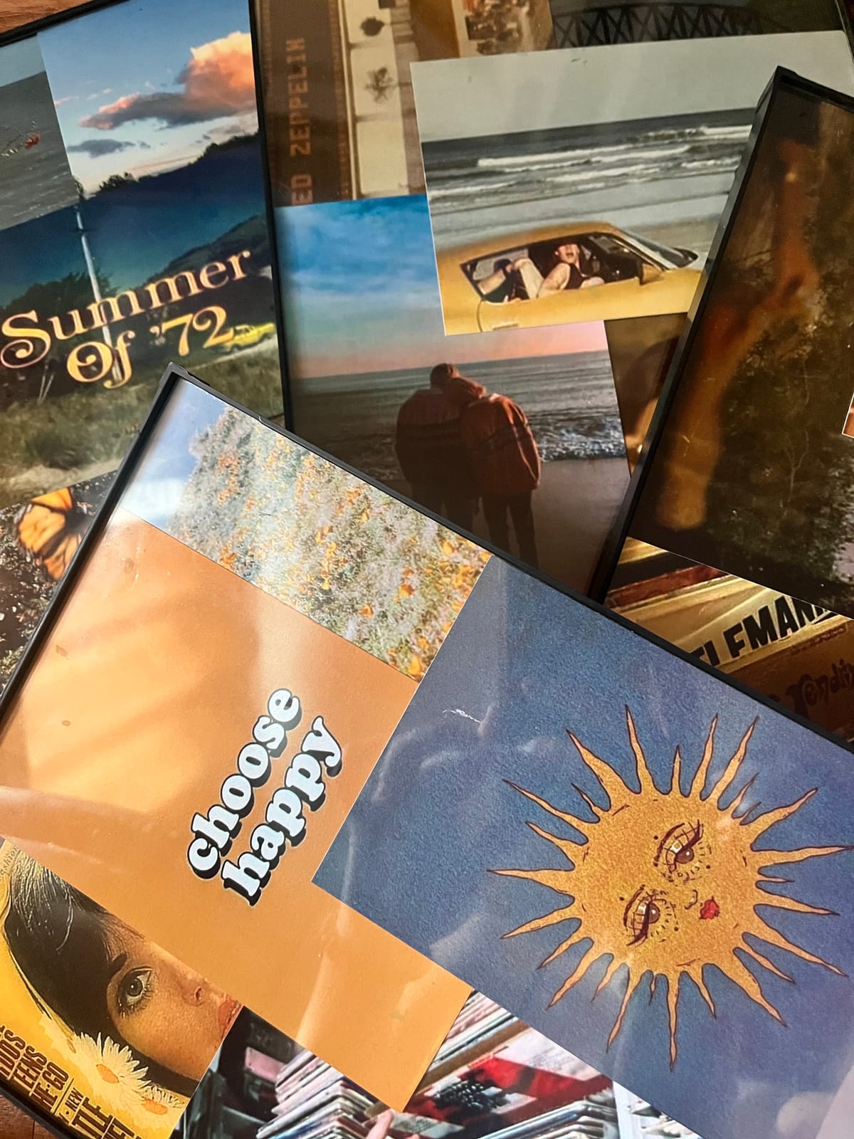 A retro summer mood board example with 70s-style prints