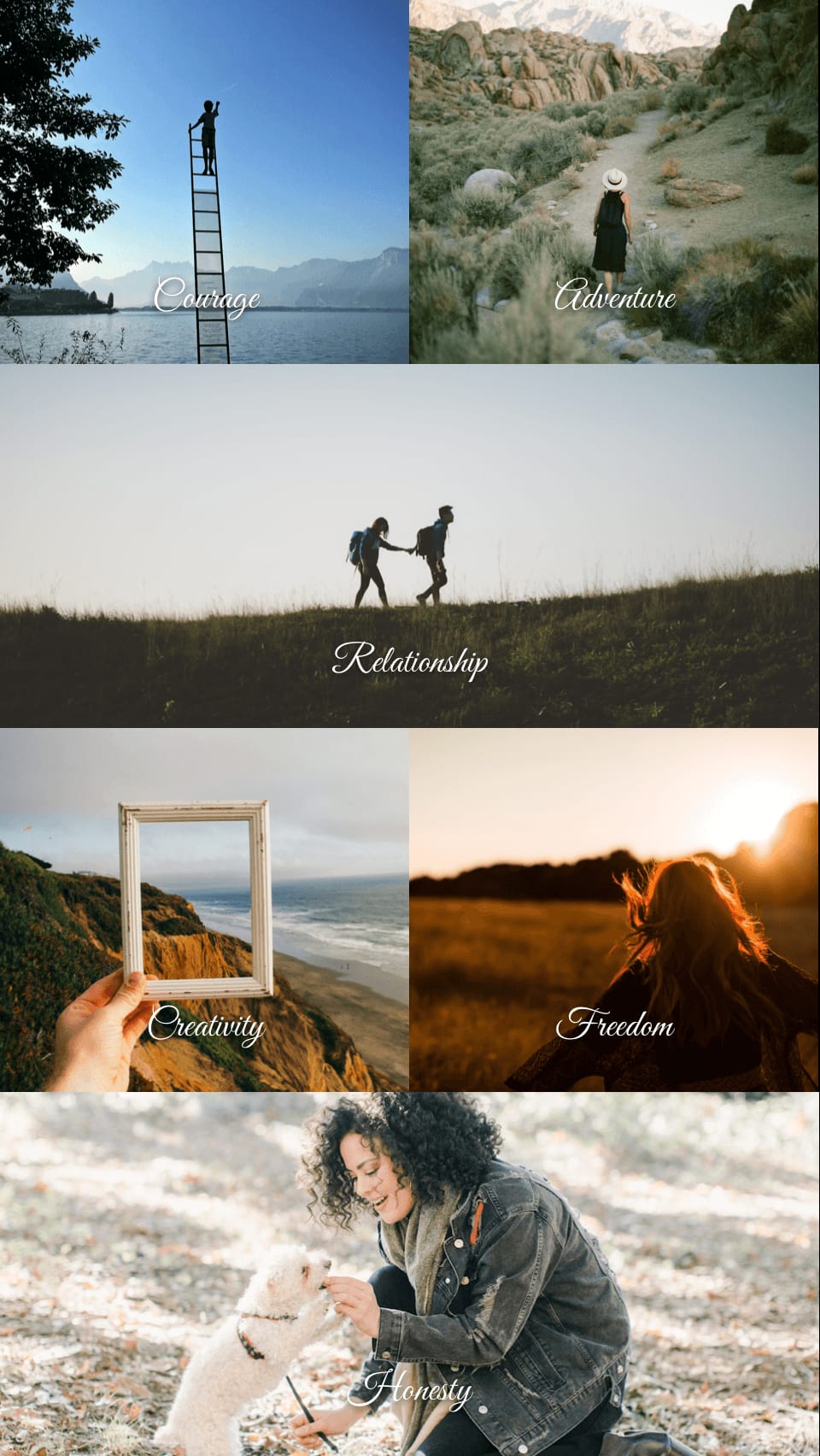 A values vision board made in Aethel — courage, adventure, relationship, freedom