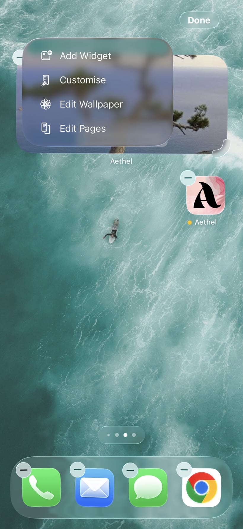 The iPhone home screen in edit mode with the Add Widget menu open