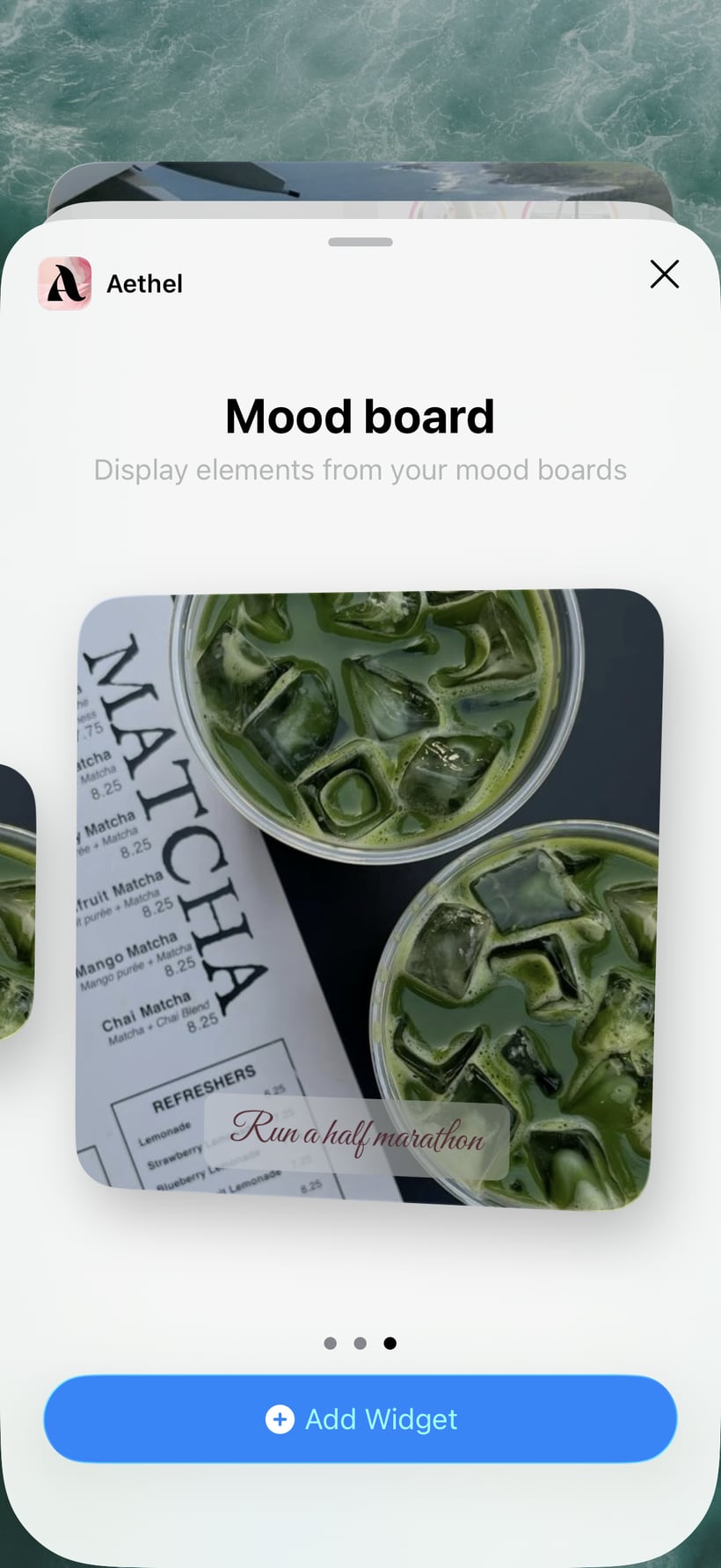 The Aethel mood board widget preview with the Add Widget button