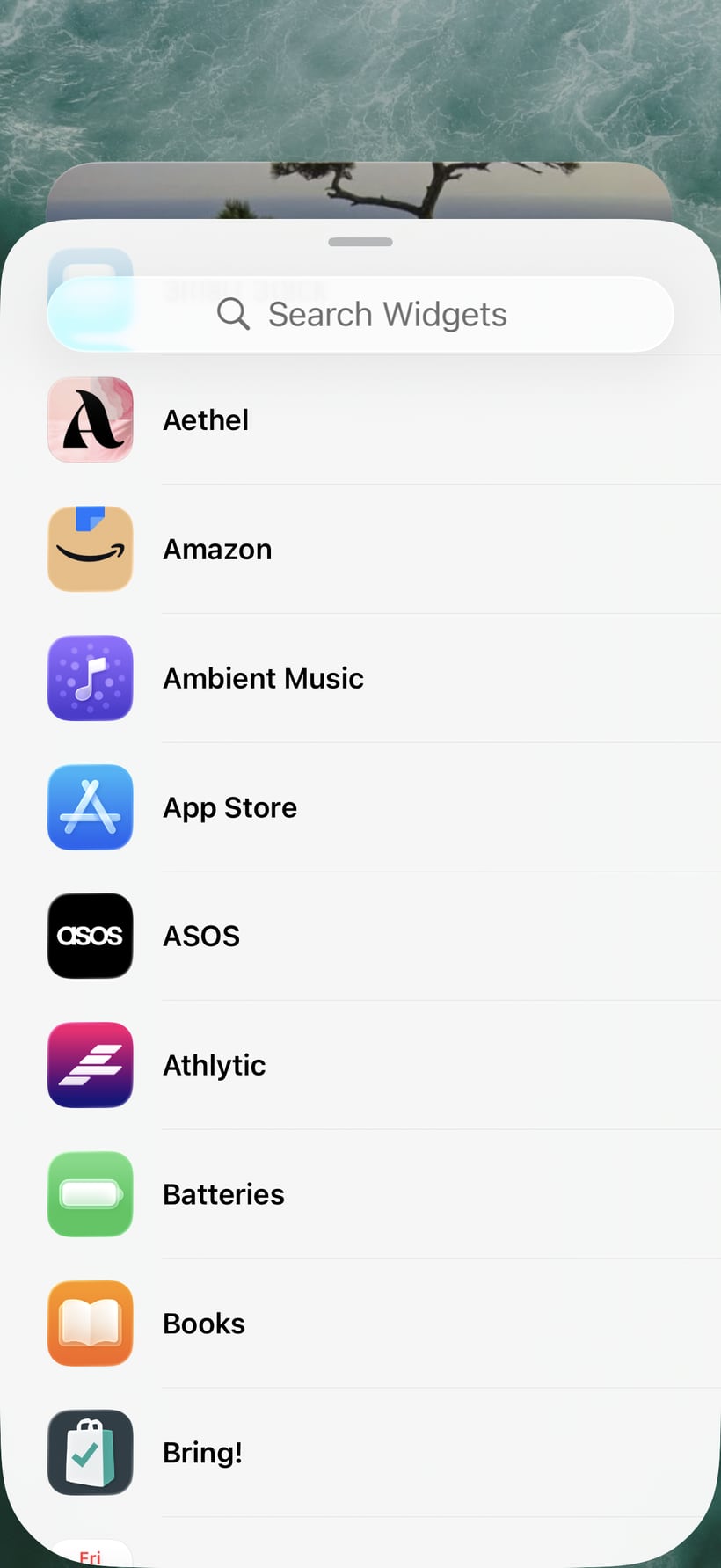 Searching the iPhone widget gallery and finding Aethel at the top