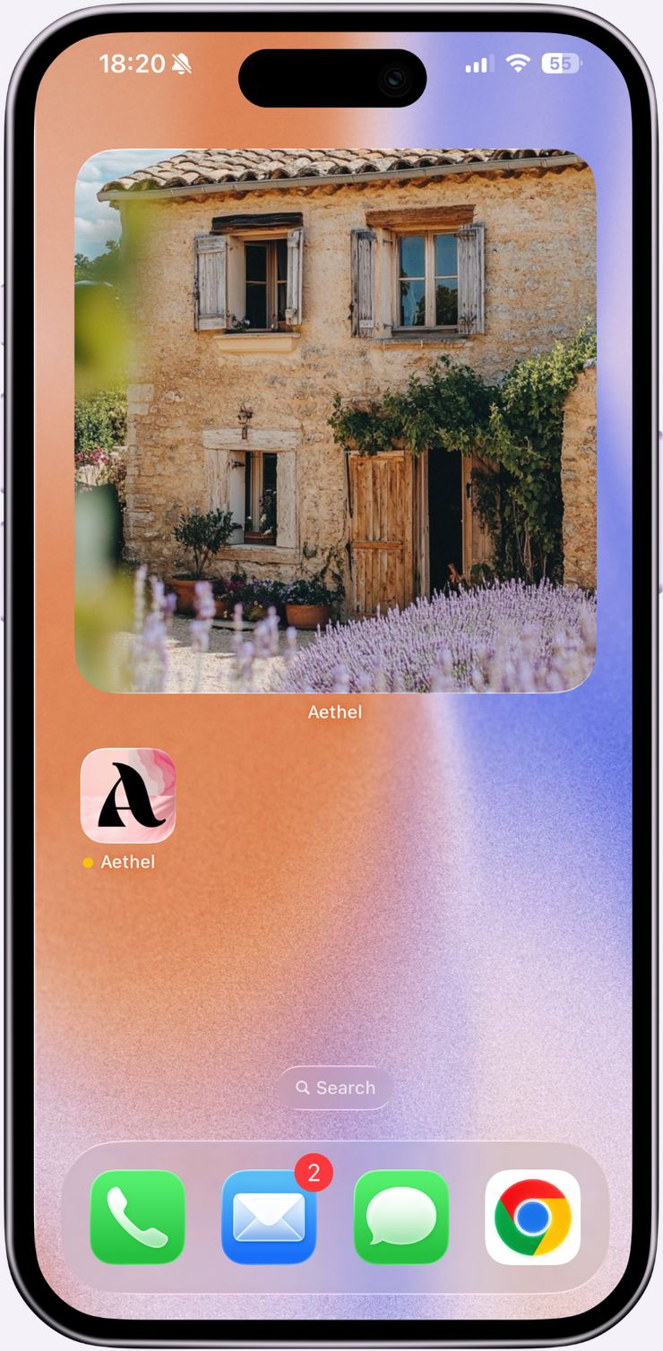 A large Aethel mood board widget on an iPhone home screen showing a dreamy cottage scene