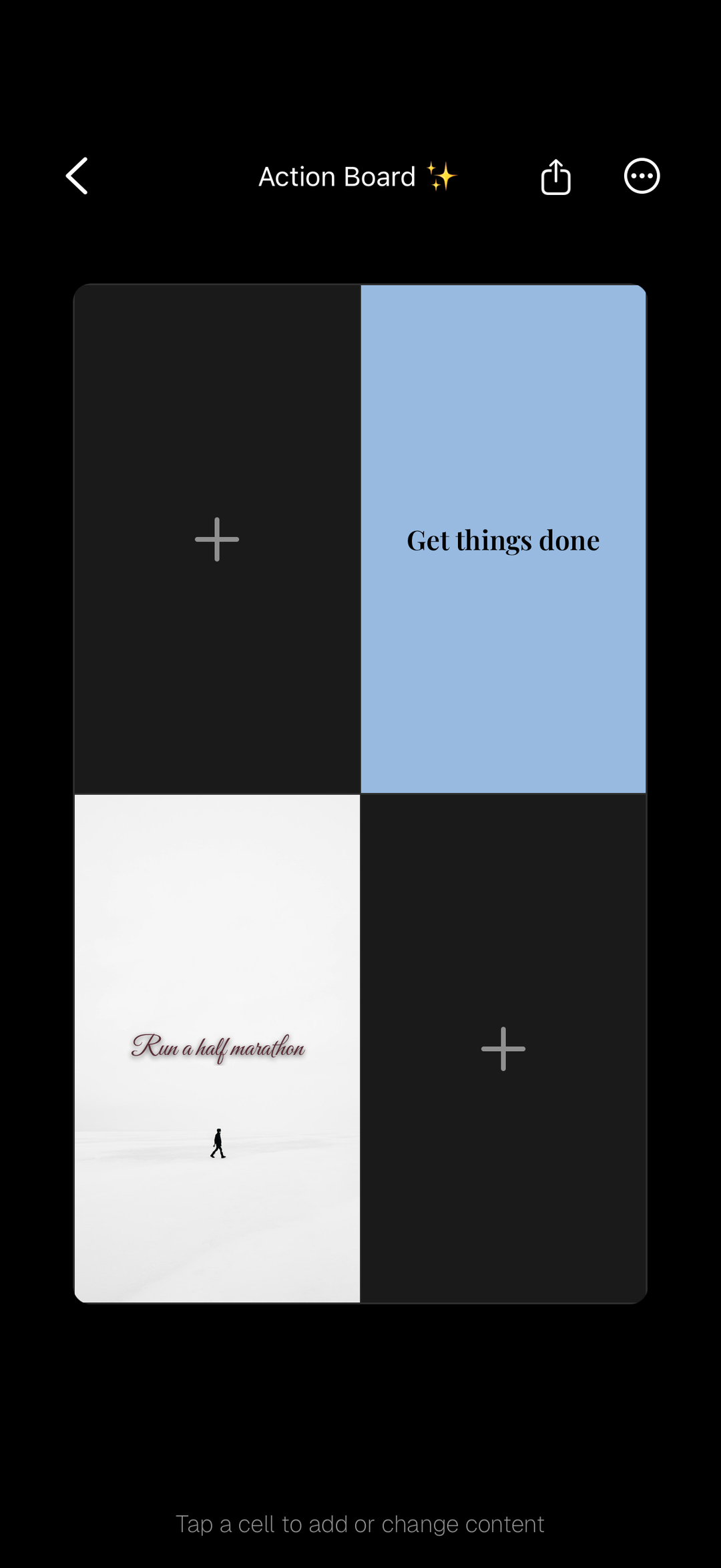 A finished action board in Aethel titled 'Action Board' with a 'Get things done' colour cell and a 'Run a half marathon' image cell