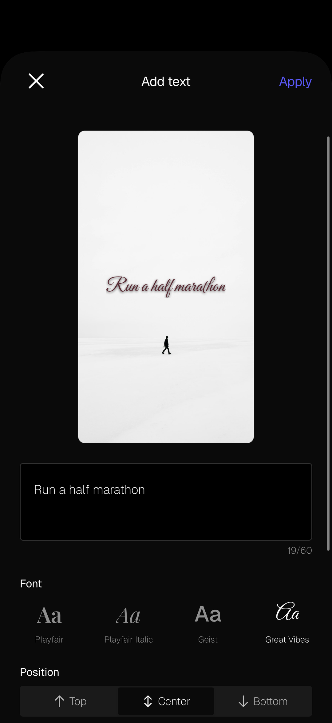 Adding a written action to a cell in Aethel — 'Run a half marathon' typed into the Add text screen