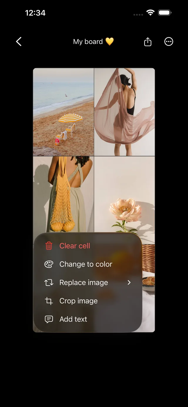 Tapping a cell in the Aethel iPhone app to replace an image, change it to a colour, crop it, or add text