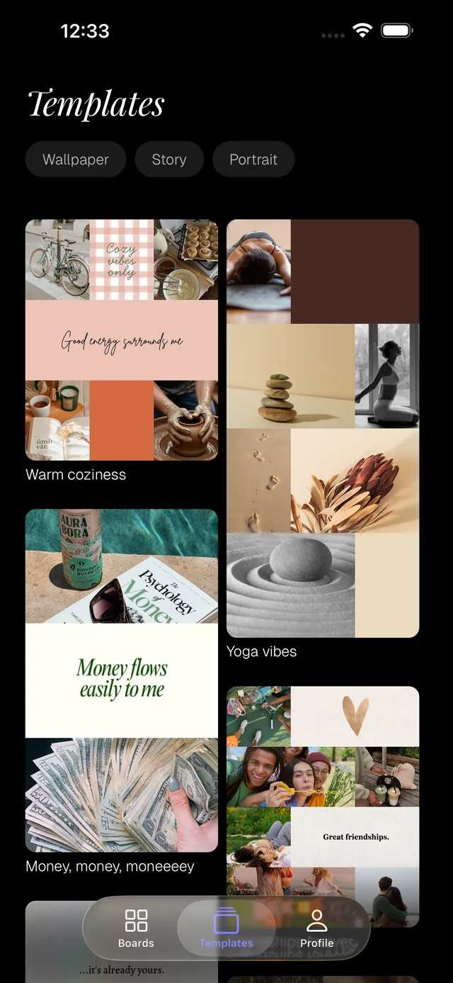Aesthetic mood board templates in Aethel with matched colour palettes for wallpaper, story, and portrait formats