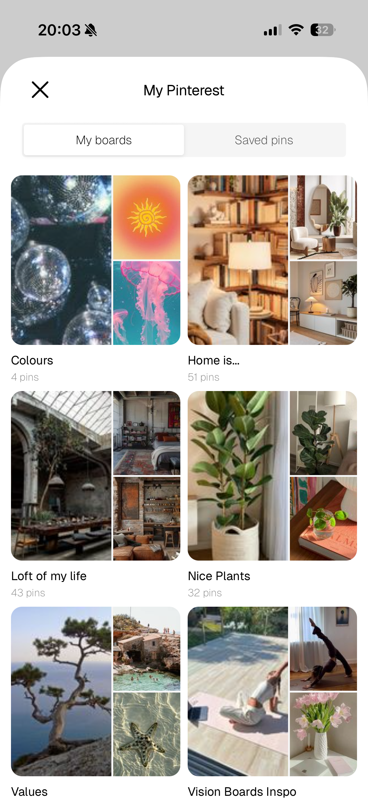 Browsing your Pinterest boards and saved pins inside Aethel