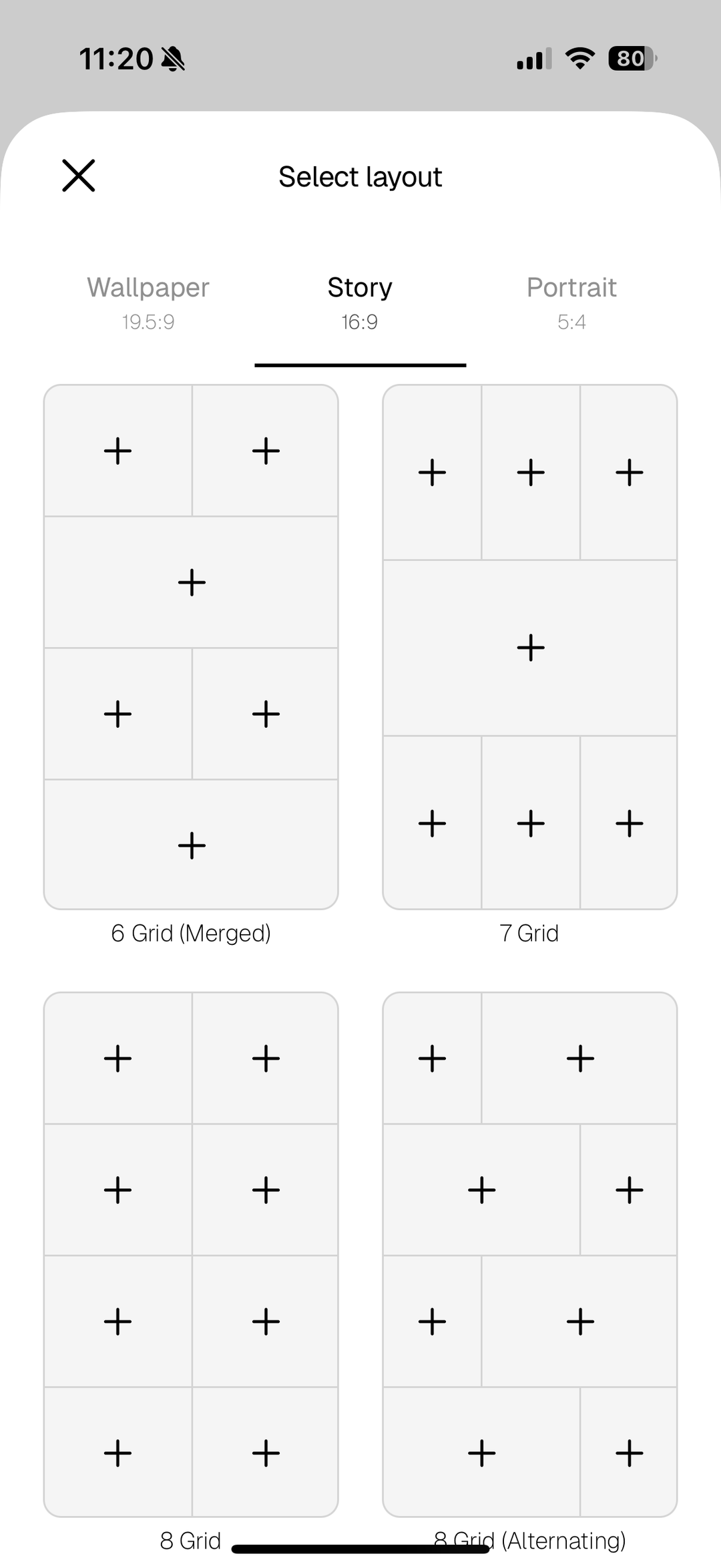The Select layout screen in the Aethel app, showing grid options like 6, 7, and 8 cells