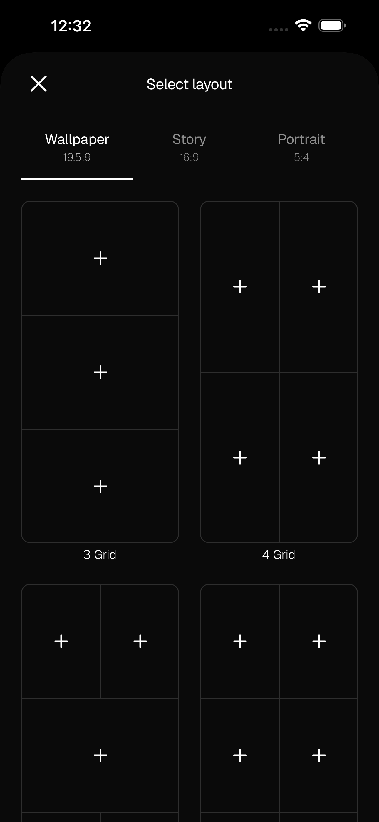 Choosing a layout and grid in the Aethel app — Wallpaper, Story, and Portrait formats