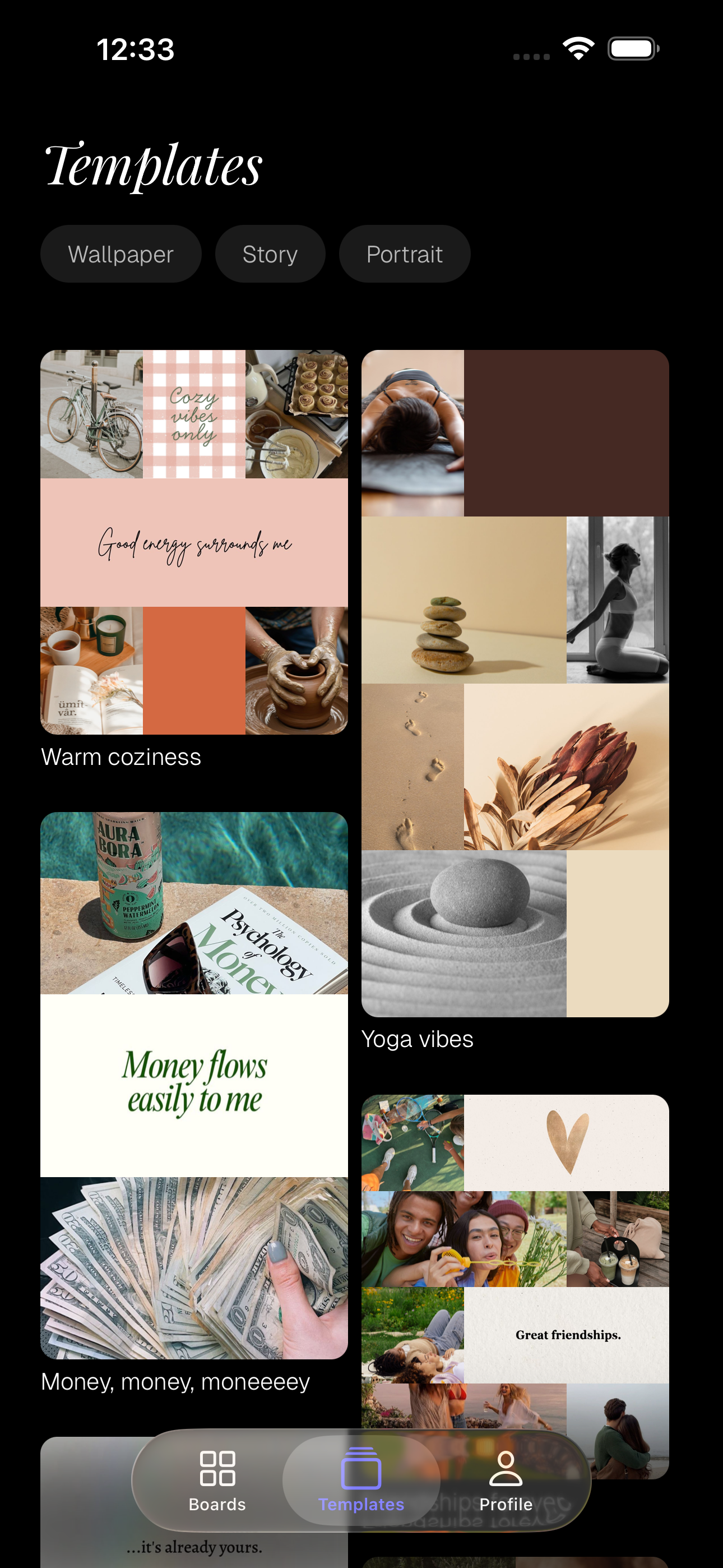 The templates gallery in the Aethel app, with ready-made aesthetic mood boards