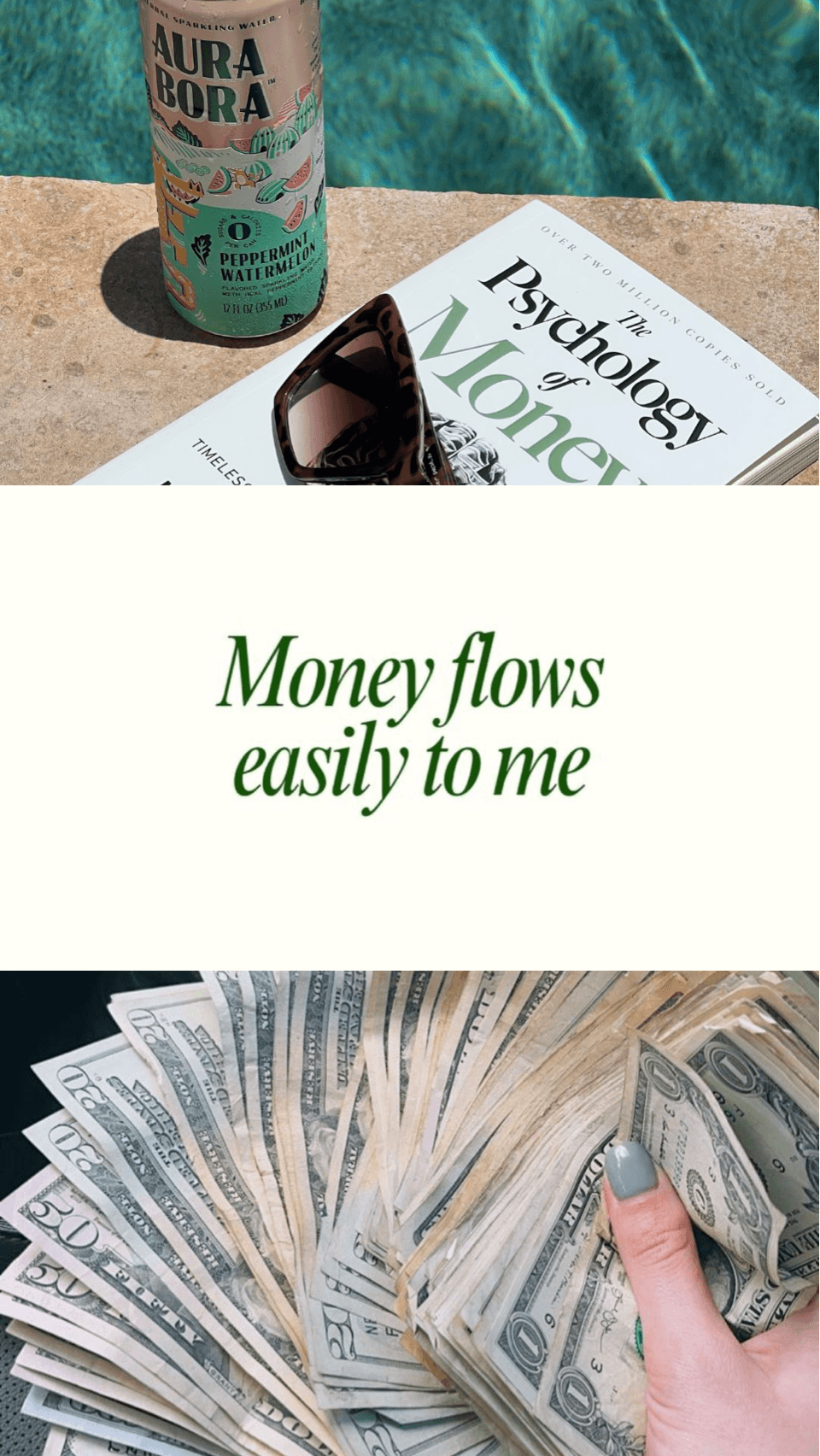 A wealth vision board made with Aethel with the affirmation 'Money flows easily to me'