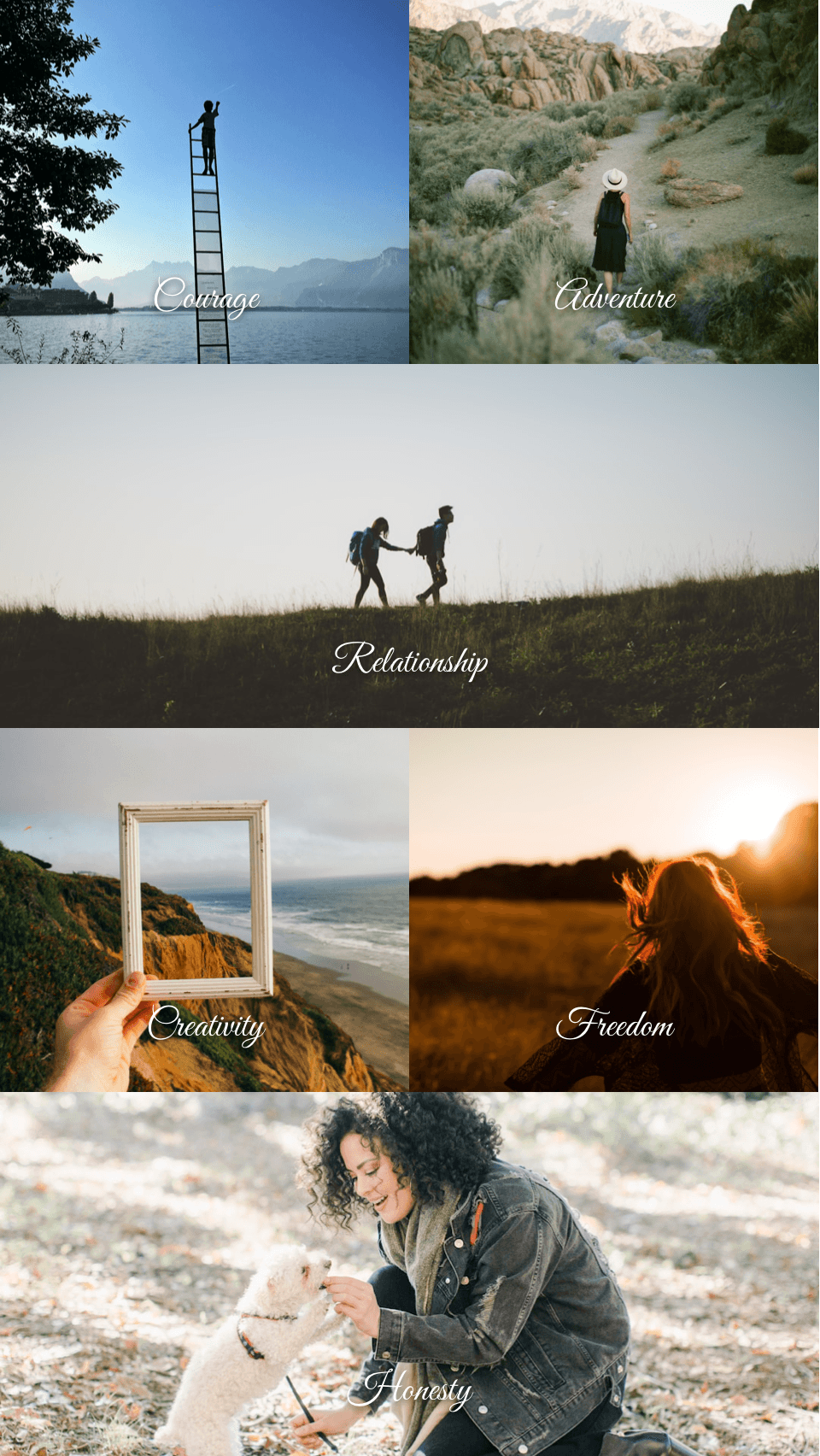 A values vision board made with Aethel — courage, adventure, relationship, and freedom